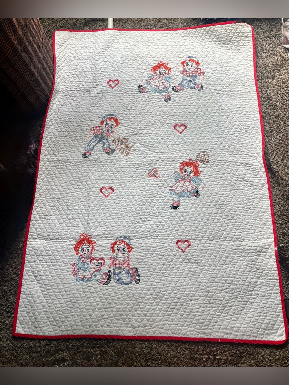Handmade Raggedy Ann Quilted Baby Blanket - White with Red Accents